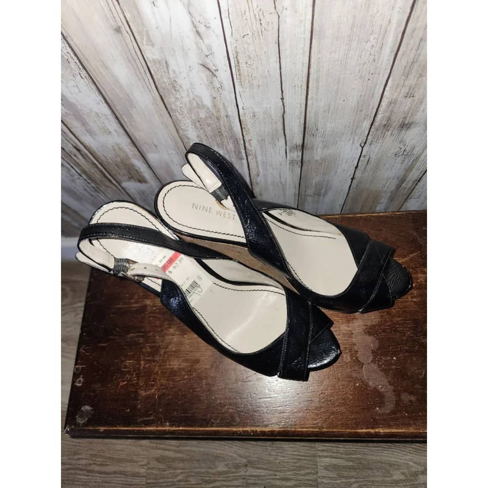 Women's Nine West Black Patent Cork Wedge Sandals Size 10 - Picture 3 of 10